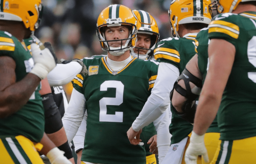 Green Bay Packers kicker Mason Crosby (2) reacts after missing a field goal during the first quarter of their game Sunday, November 14, 2021 at Lambeau Field in Green Bay, Wis. The Green Bay Packers beat the Seattle Seahawks 17-0.
