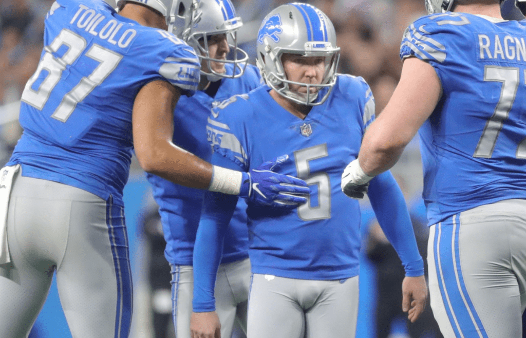 Detroit Lions kicker Matt Prater is congratulated by teammates after making a field goal against the Minnesota Vikings during first half action Sunday, December 23, 2018 at Ford Field in Detroit, Mich