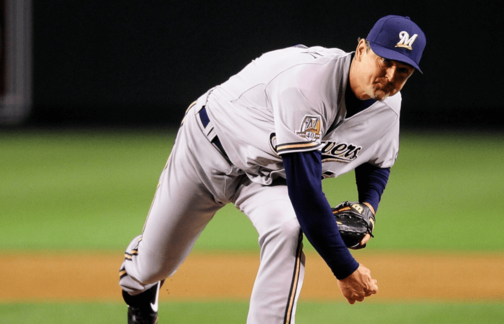May 7, 2010; Phoenix, AZ, USA; Milwaukee Brewers pitcher Trevor Hoffman pitches in the ninth inning against the Arizona Diamondbacks at Chase Field. The Brewers defeated the Diamondbacks 3-2. With the save Hoffman extended the all time save record to 596. Mandatory Credit: Mark J. Rebilas-Imagn Images