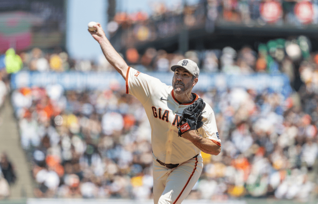 May 18, 2025; San Francisco, California, USA; San Francisco Giants pitcher Justin Verlander (35) throws a pitch during the fourth inning against the Oakland Athletics at Oracle Park. Mandatory Credit: Bob Kupbens-Imagn Images