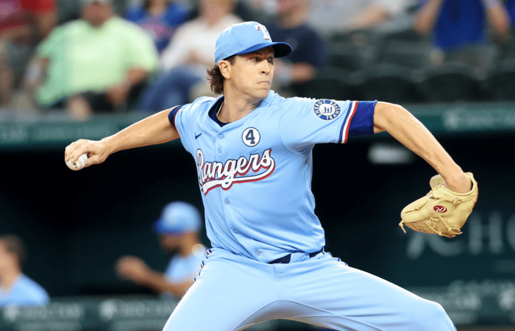Jun 1, 2025; Arlington, Texas, USA; Texas Rangers starting pitcher Jacob deGrom (48) throws during the first inning against the St. Louis Cardinals at Globe Life Field. Mandatory Credit: Kevin Jairaj-Imagn Images