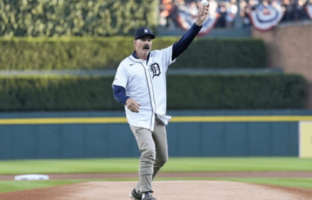 Detroit Tigers legend Kirk Gibson throws ceremonial first pitch before Game 4 of ALDS at Comerica Park in Detroit on Thursday, Oct. 10, 2024