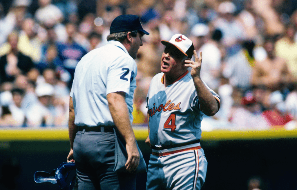 Unknown date and location; USA; FILE PHOTO; Baltimore Orioles manager Earl Weaver argues with an umpire. Mandatory Credit: Tony Tomsic-USA TODAY NETWORK