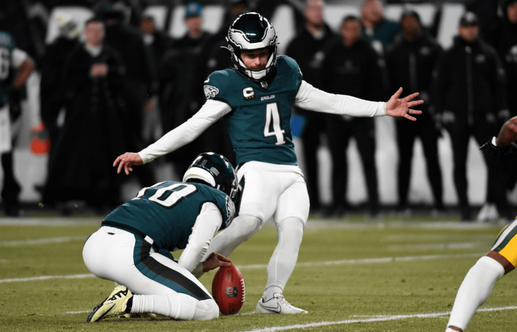 Philadelphia Eagles place kicker Jake Elliott (4) kicks a field goal against the Green Bay Packers during the first half in an NFC wild card game at Lincoln Financial Field.