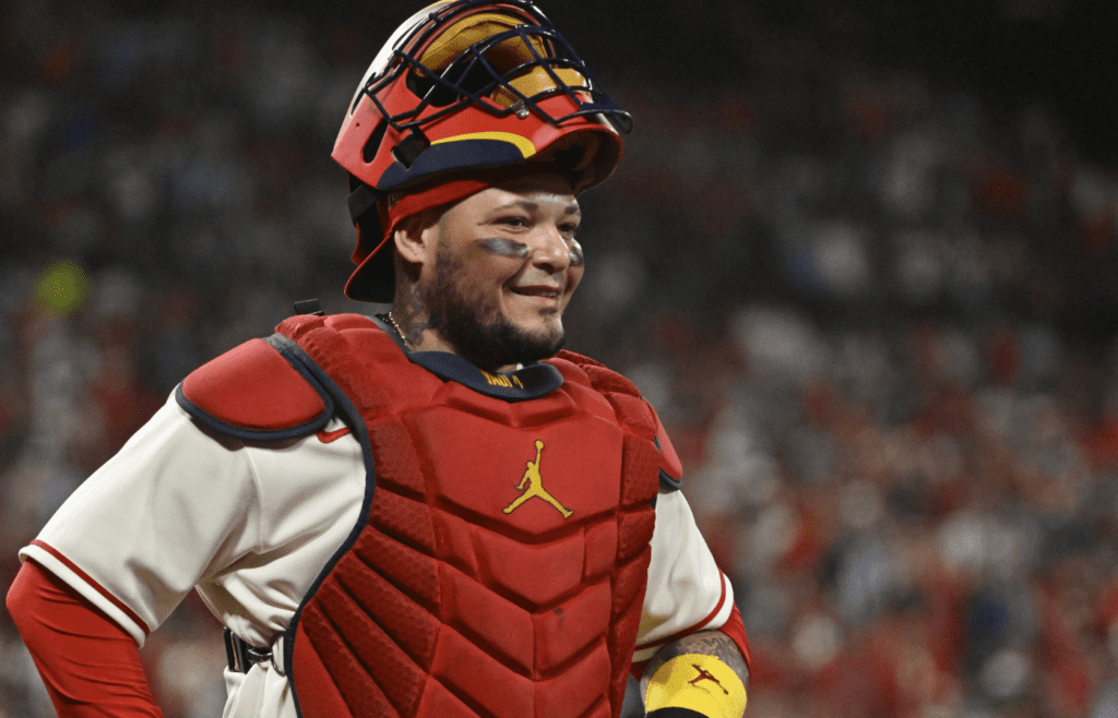 Oct 8, 2022; St. Louis, Missouri, USA; St. Louis Cardinals catcher Yadier Molina (4) reacts after the third out in the sixth inning against the Philadelphia Phillies during game two of the Wild Card series for the 2022 MLB Playoffs at Busch Stadium. Mandatory Credit: Jeff Curry-Imagn Images