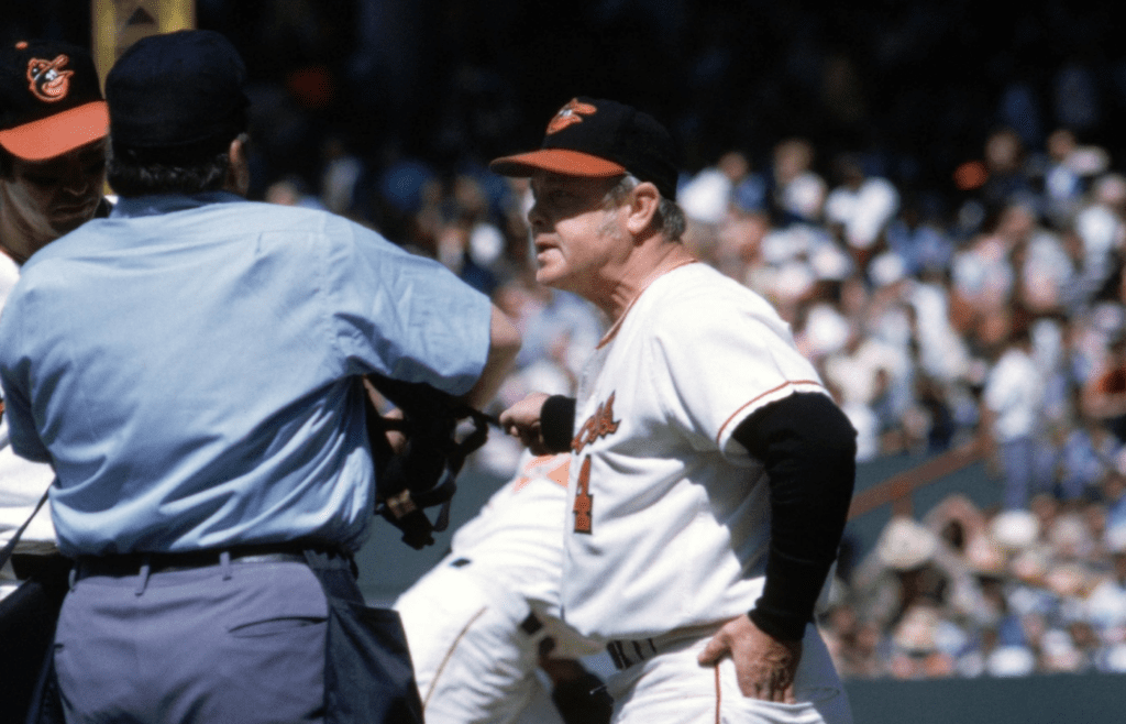 May 1971; Baltimore, MD, USA; FILE PHOTO; Baltimore Orioles manager Earl Weaver talks to an umpire duding the 1971 season at Memorial Stadium. Mandatory Credit: Malcolm Emmons-Imagn Images
