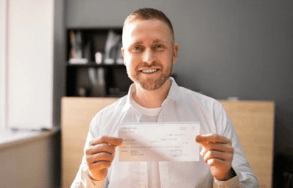 A person looking at a single paycheck