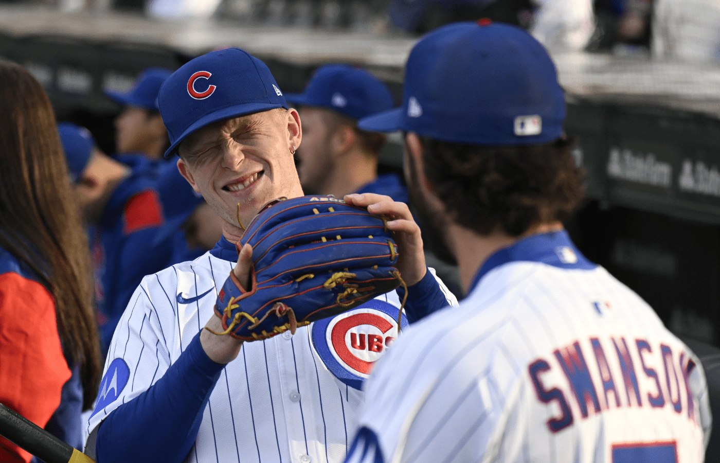 May 12, 2025; Chicago, Illinois, USA; Chicago Cubs outfielder Pete Crow-Armstrong (4) and Chicago Cubs shortstop Dansby Swanson (7) laugh before the team’s game against the Miami Marlins at Wrigley Field. Mandatory Credit: Matt Marton-Imagn Images