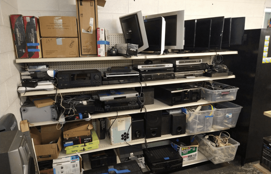 Shelves of outdated electronics