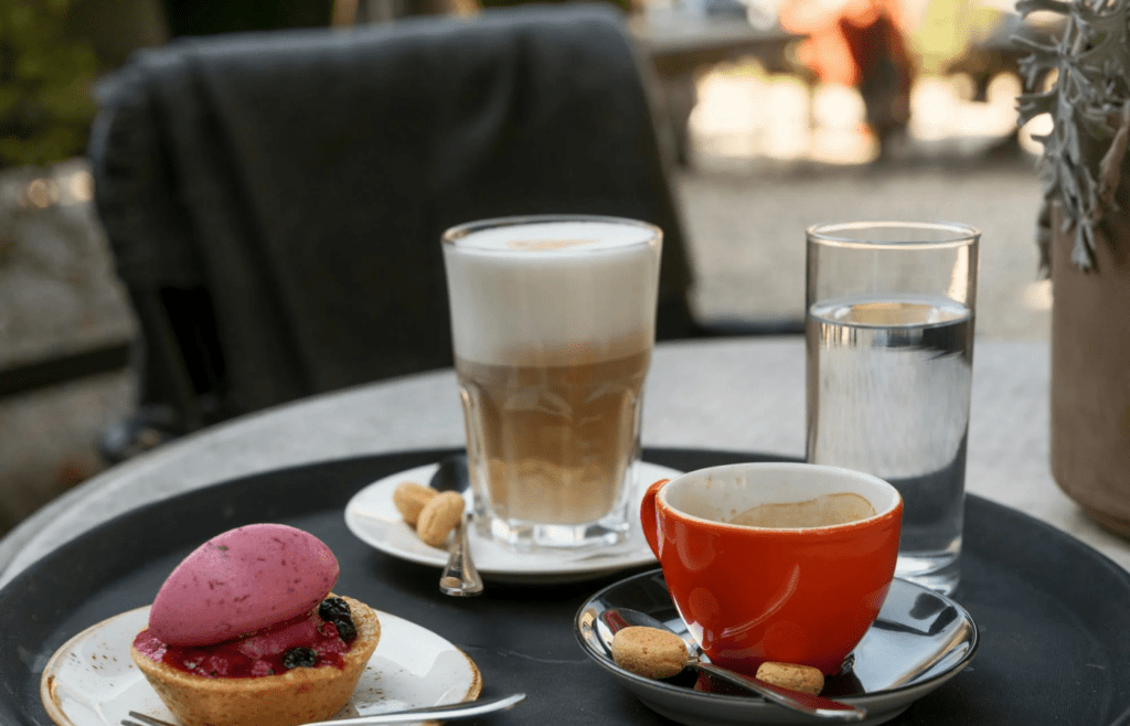 A $7 latte on a café table