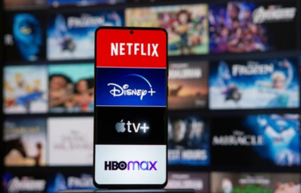 Multiple streaming service logos on a screen