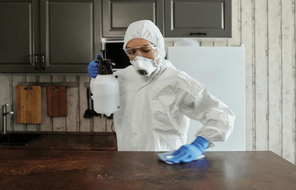 Spray bottles and sponges on a kitchen counter