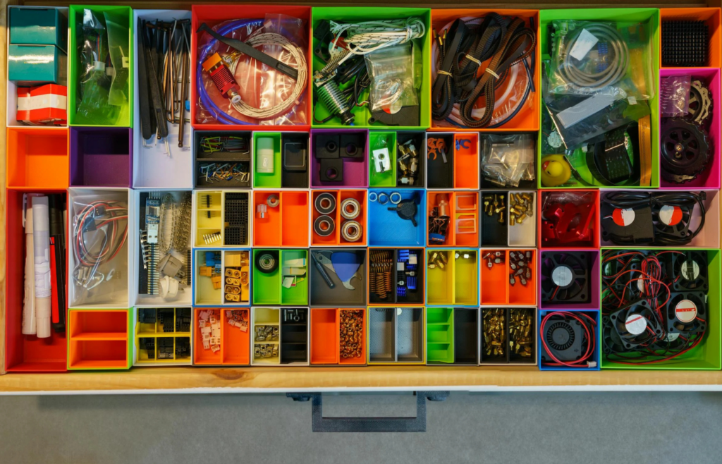 Plastic bins and drawer organizers