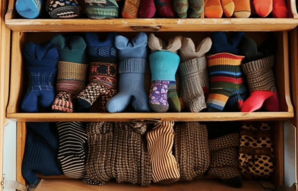 Colorful socks in a drawer or on a shelf