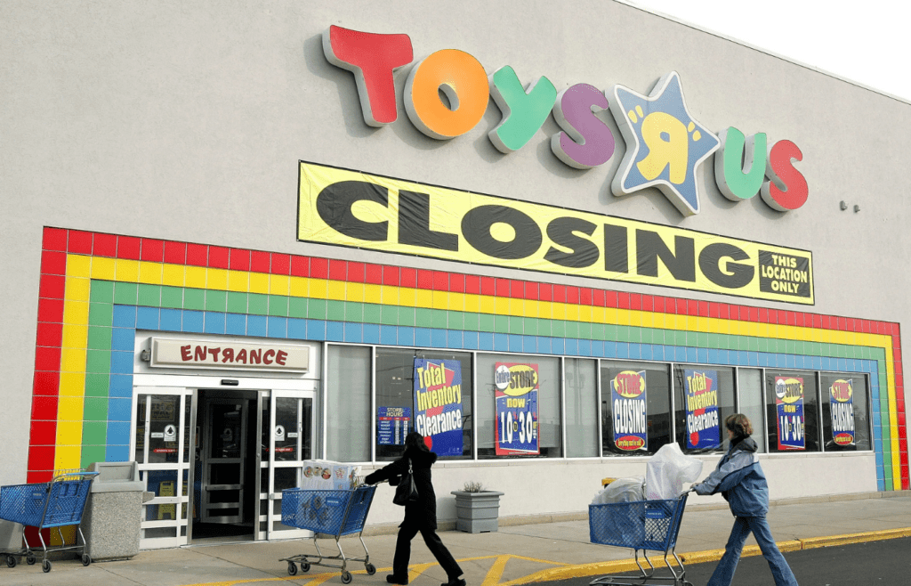 A closed toy store with colorful signage