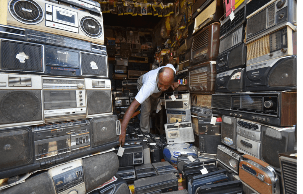 A storefront with old electronics and gadgets