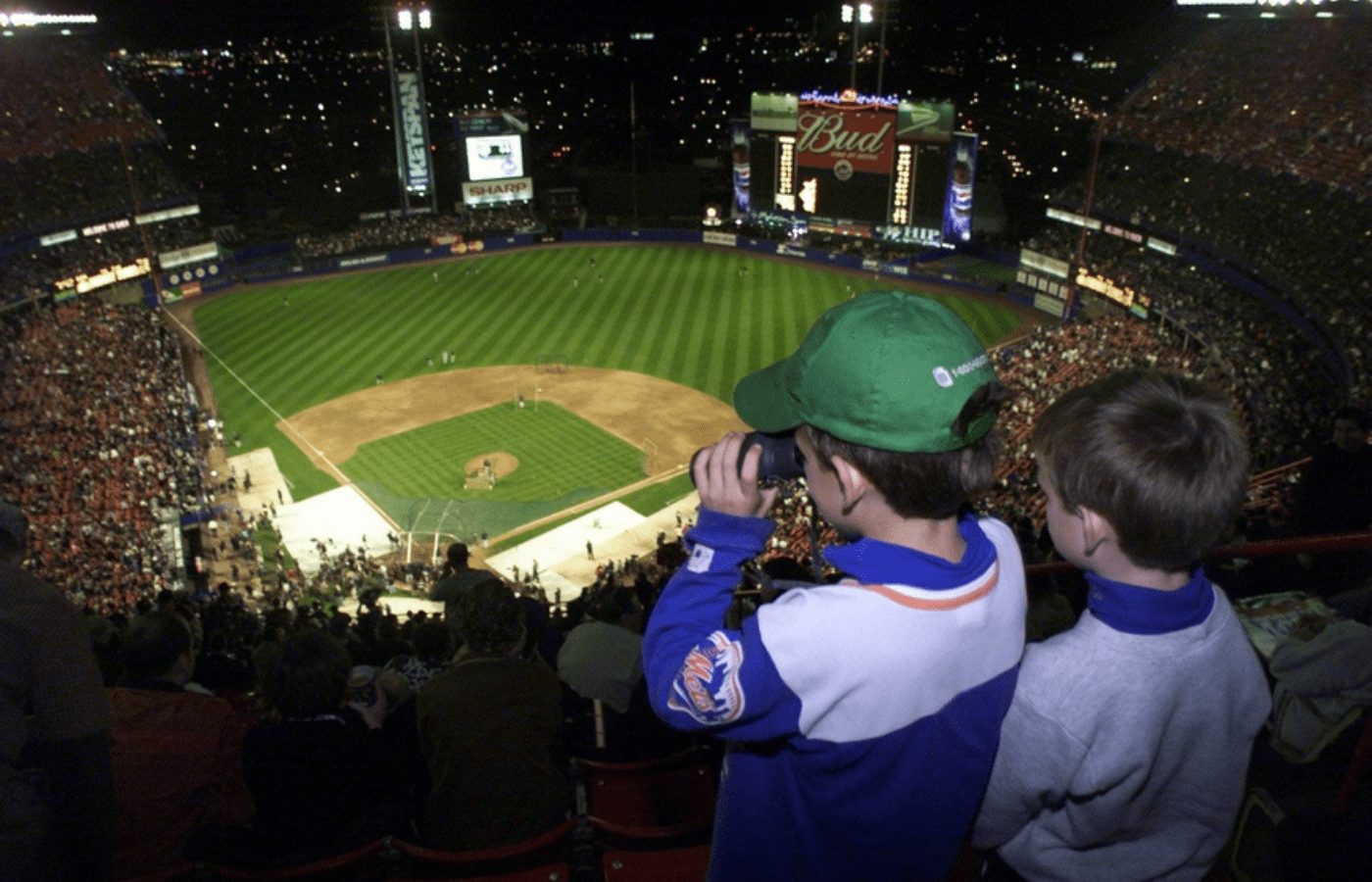 Sean Rooney, 8, of Yorktown Heights, NY looks through binoculars from his seat with his brother Danny Rooney, 6, during the third game of the World Series against the Yankees at Shea Stadium in Flushing, NY Tuesday October 24, 2000.
