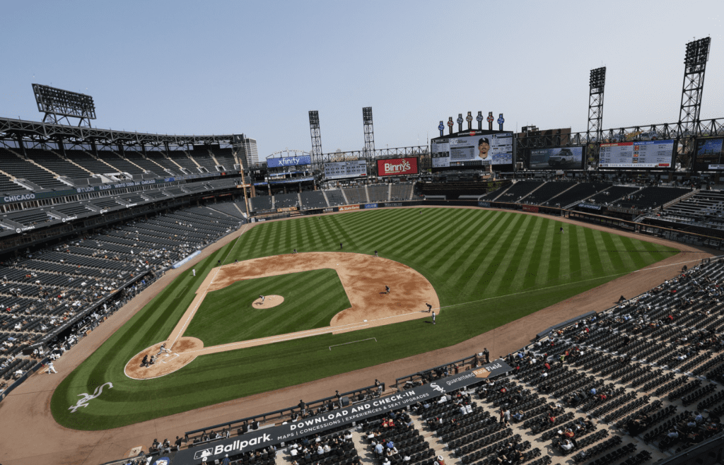 Sep 11, 2024; Chicago, Illinois, USA; A general view as fans watch a baseball game between the Chicago White Sox and Cleveland Guardians during the second inning at Guaranteed Rate Field. Mandatory Credit: Kamil Krzaczynski-Imagn Images