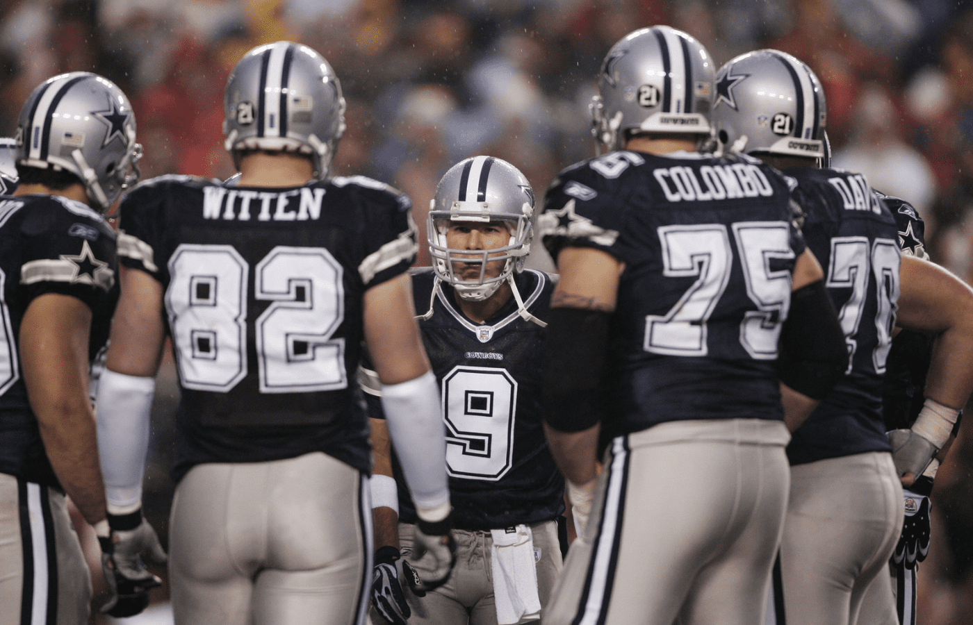 Dec 30, 2007; Landover, MD, USA; Dallas Cowboys quarterback Tony Romo (9) talks to his team during a huddle against the Washington Redskins at FedEx Field in Landover, MD. Mandatory Credit: James Lang-Imagn Images