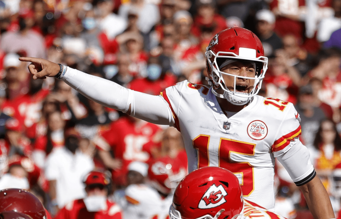 Oct 17, 2021; Landover, Maryland, USA; Kansas City Chiefs quarterback Patrick Mahomes (15) gestures at the line of scrimmage against the Washington Football Team at FedExField. Mandatory Credit: Geoff Burke-Imagn Images