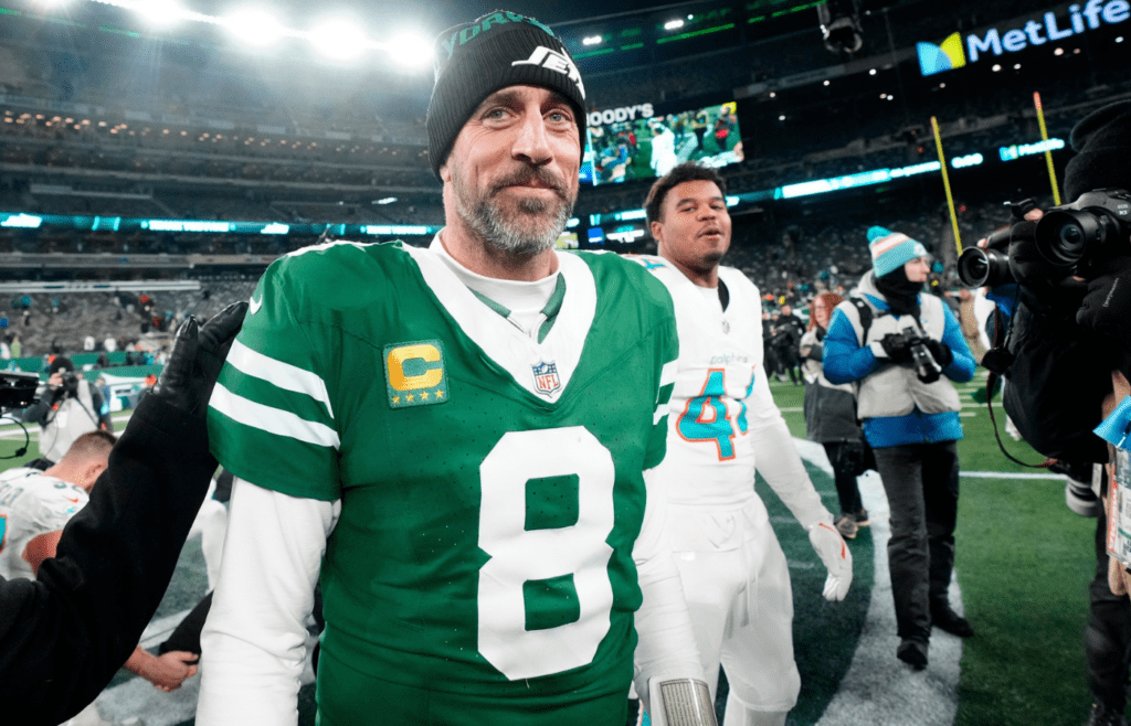 New York Jets quarterback Aaron Rodgers (8) is shown after he led Gang Green to a 32-20 victory against the Miami Dolphins, on Jan. 5, 2025, in East Rutherford, N.J.