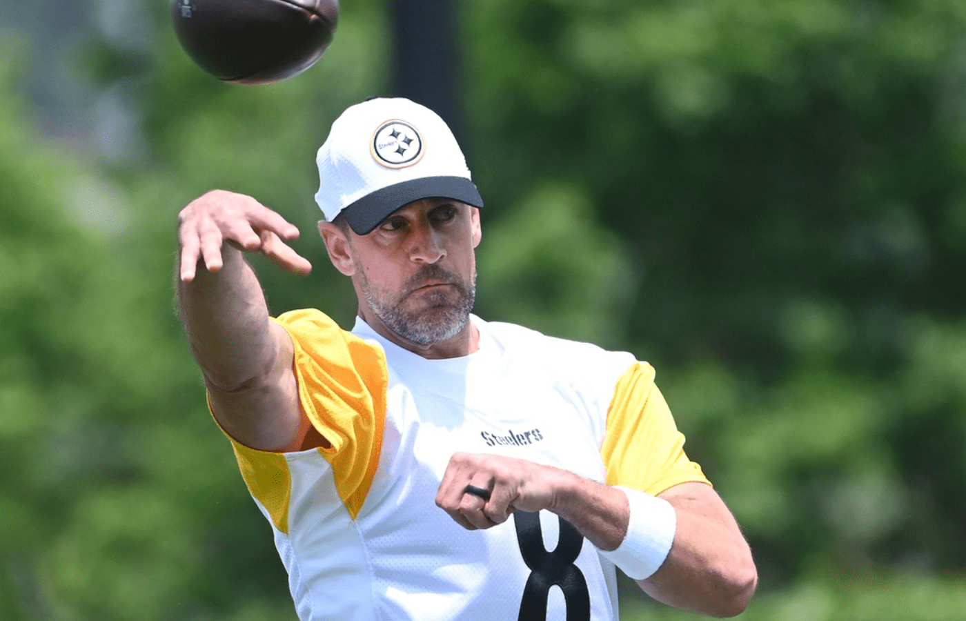 Jun 10, 2025; Pittsburgh, PA, USA; Pittsburgh Steelers quarterback Aaron Rodgers (8) throws the ball during minicamp at their South Side facility. Mandatory Credit: Philip G. Pavely-Imagn Images