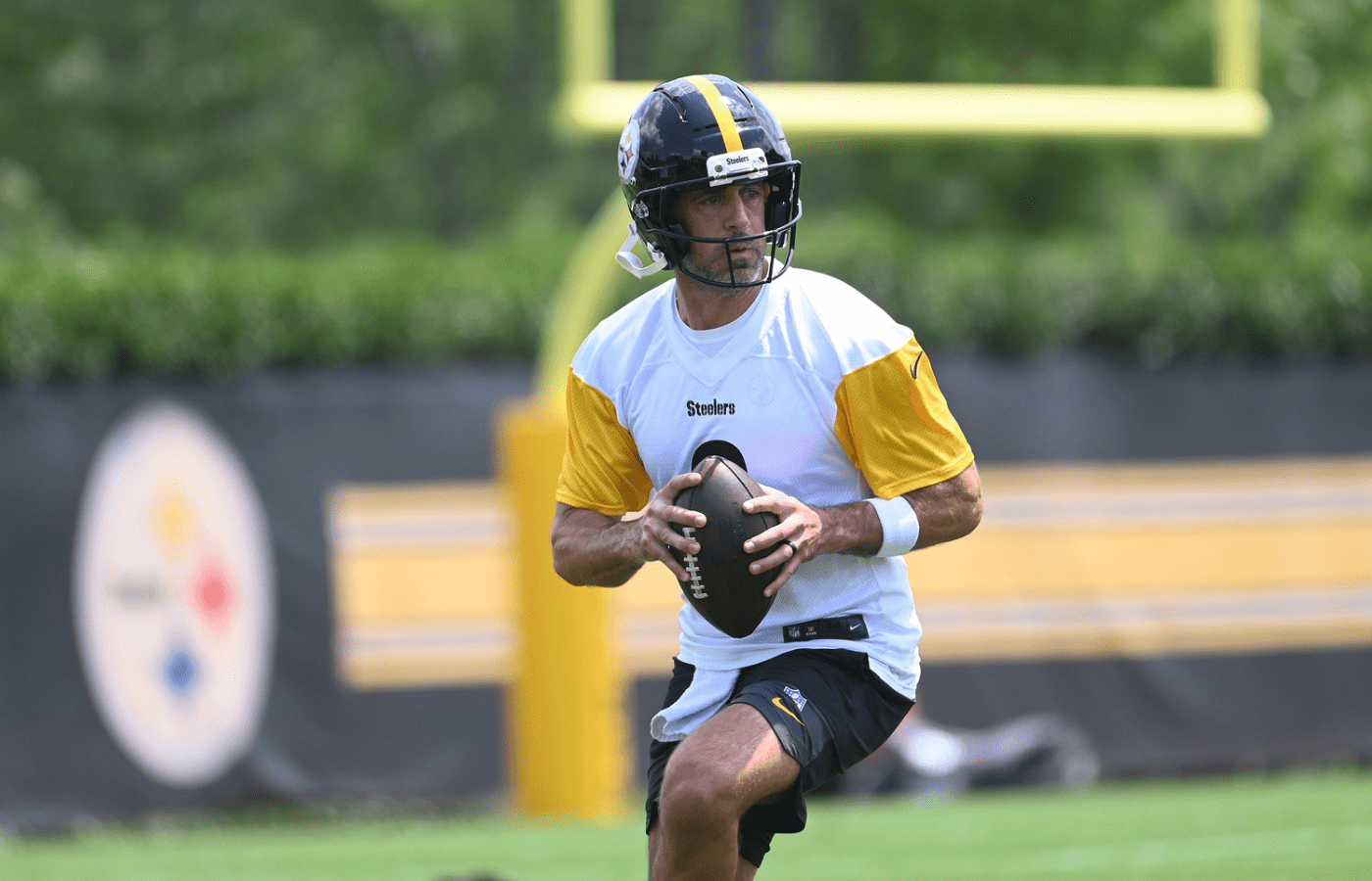 Jun 10, 2025; Pittsburgh, PA, USA; Pittsburgh Steelers quarterback Aaron Rodgers (8) drops back to pass during minicamp at their South Side facility. Mandatory Credit: Philip G. Pavely-Imagn Images