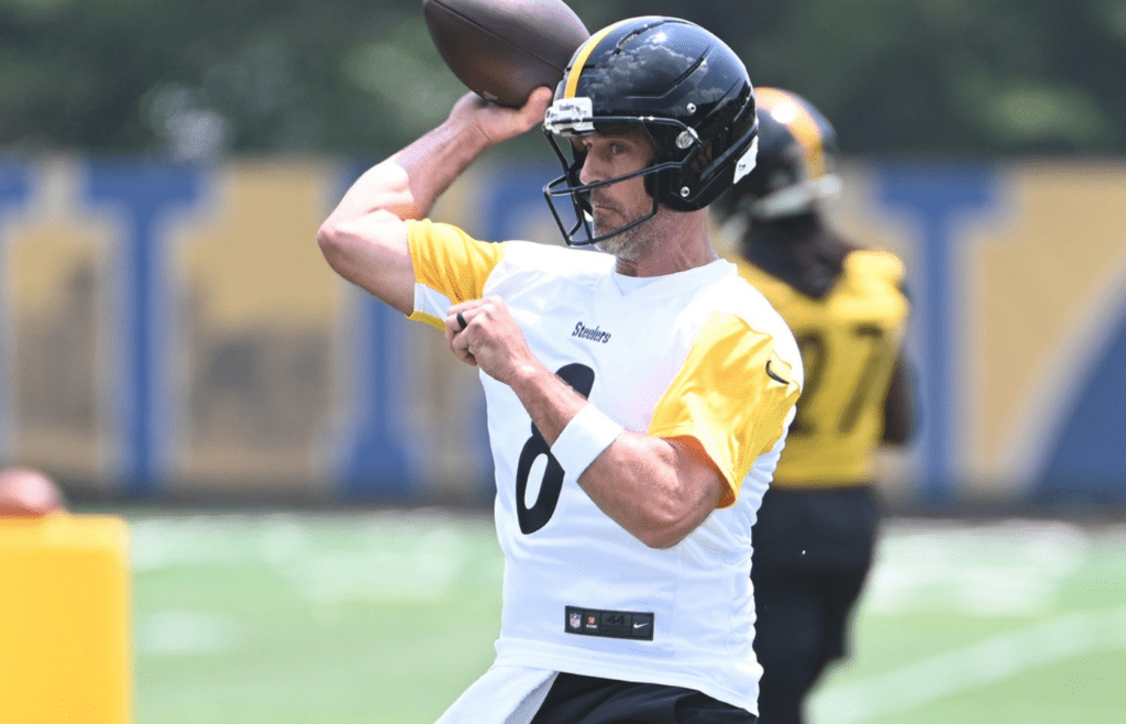 Jun 10, 2025; Pittsburgh, PA, USA; Pittsburgh Steelers quarterback Aaron Rodgers during minicamp at their South Side facility. Mandatory Credit: Philip G. Pavely-Imagn Images