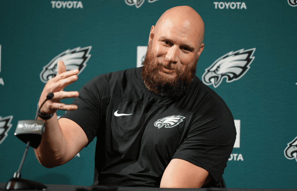 Jun 10, 2025; Philadelphia, PA, USA; Philadelphia Eagles offensive lineman Lane Johnson (65) addresses media during a press conference at NovaCare Complex. Mandatory Credit: Kyle Ross-Imagn Images