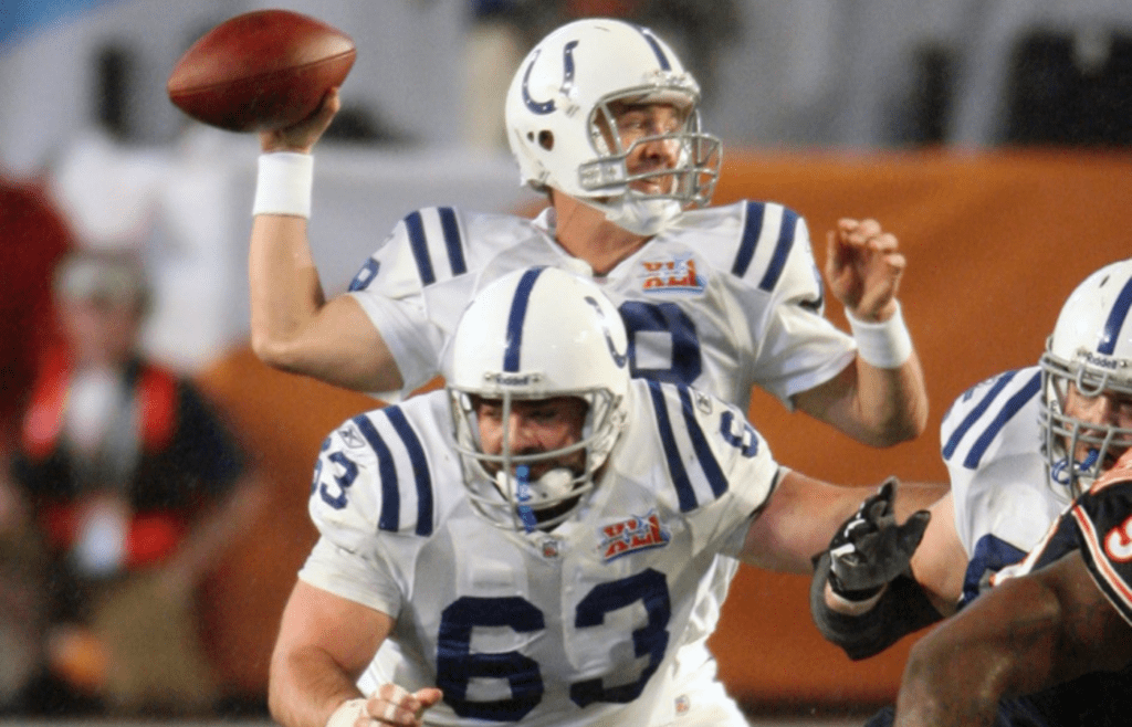 Indianapolis Colts center Jeff Saturday blocks for quarterback Peyton Manning (18) against the Chicago Bears in the first quarter of Super Bowl XLI at Dolphins Stadium.