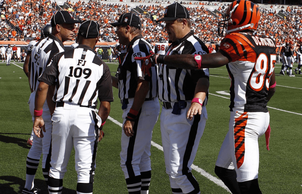 Oct 10, 2010; Cincinnati, OH, USA; Cincinnati Bengals wide receiver Chad Ochocinco (85) argues with the referees during the first half against the Tampa Bay Buccaneers at Paul Brown Stadium. Mandatory Credit: Frank Victores-Imagn Images