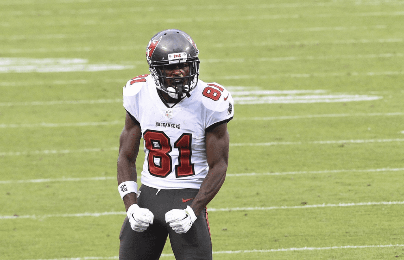 Tampa Bay Buccaneers wide receiver Antonio Brown (81) reacts in the fourth quarter at Bank of America Stadium.