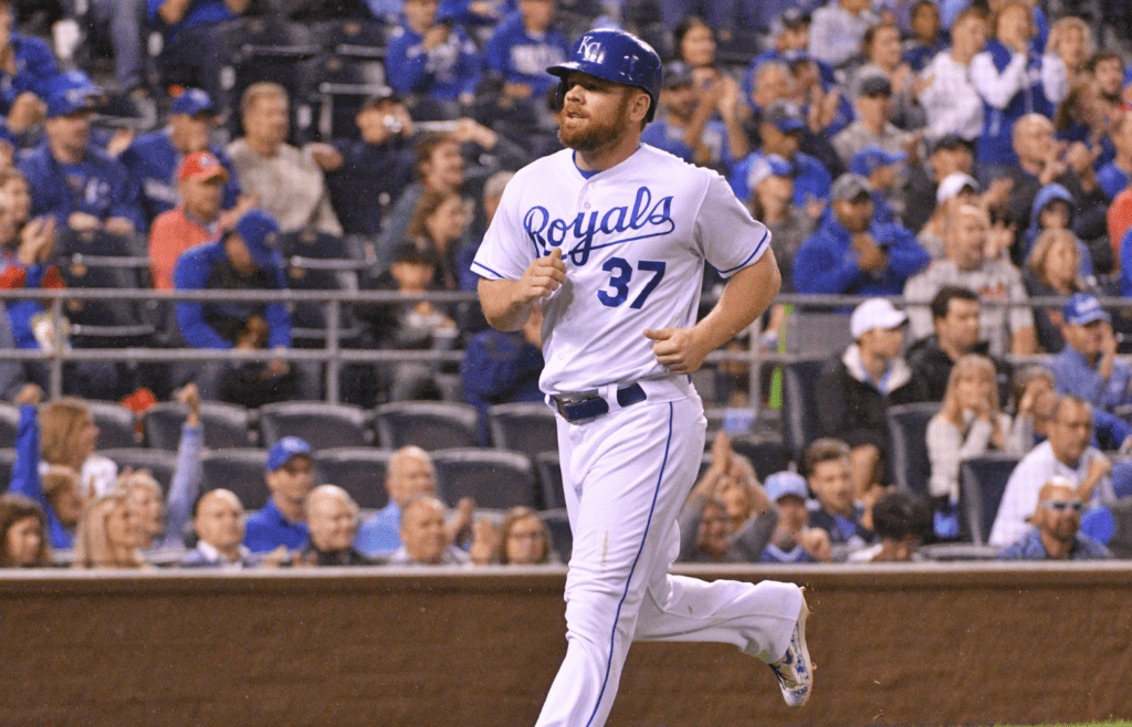 Sep 26, 2017; Kansas City, MO, USA; Kansas City Royals designated hitter Brandon Moss (37) scores on a sacrifice fly in the fifth inning against the Detroit Tigers at Kauffman Stadium. Mandatory Credit: Denny Medley-Imagn Images