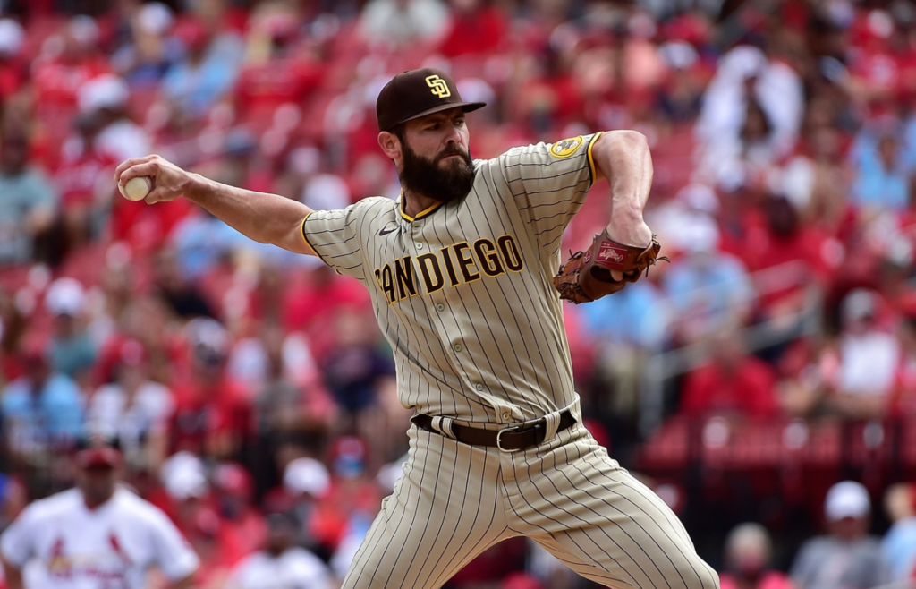 Sep 19, 2021; St. Louis, Missouri, USA; San Diego Padres starting pitcher Jake Arrieta (49) pitches during the first inning against the St. Louis Cardinals at Busch Stadium. Mandatory Credit: Jeff Curry-Imagn Images