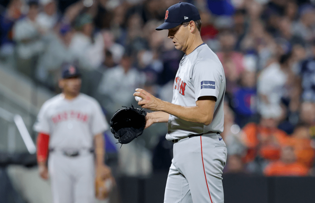 Sep 4, 2024; New York City, New York, USA; Boston Red Sox relief pitcher Rich Hill (44) reacts during the eighth inning against the New York Mets at Citi Field. Mandatory Credit: Brad Penner-Imagn Images