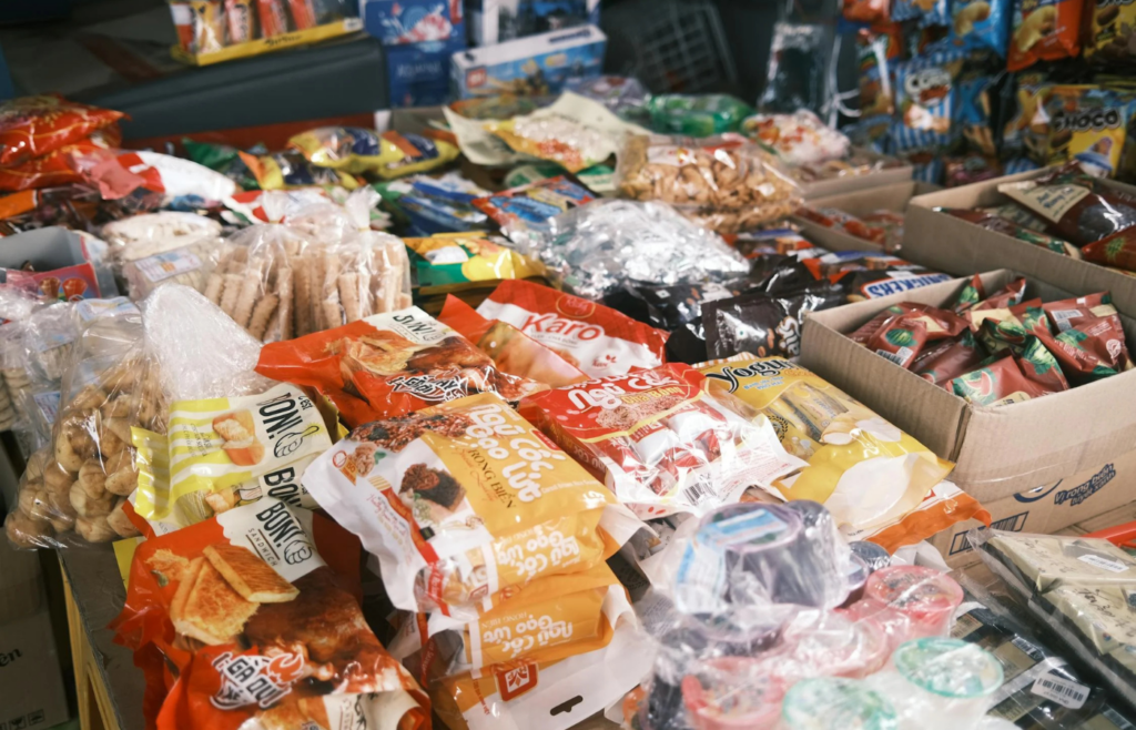 Organic chips and crackers in bright bags