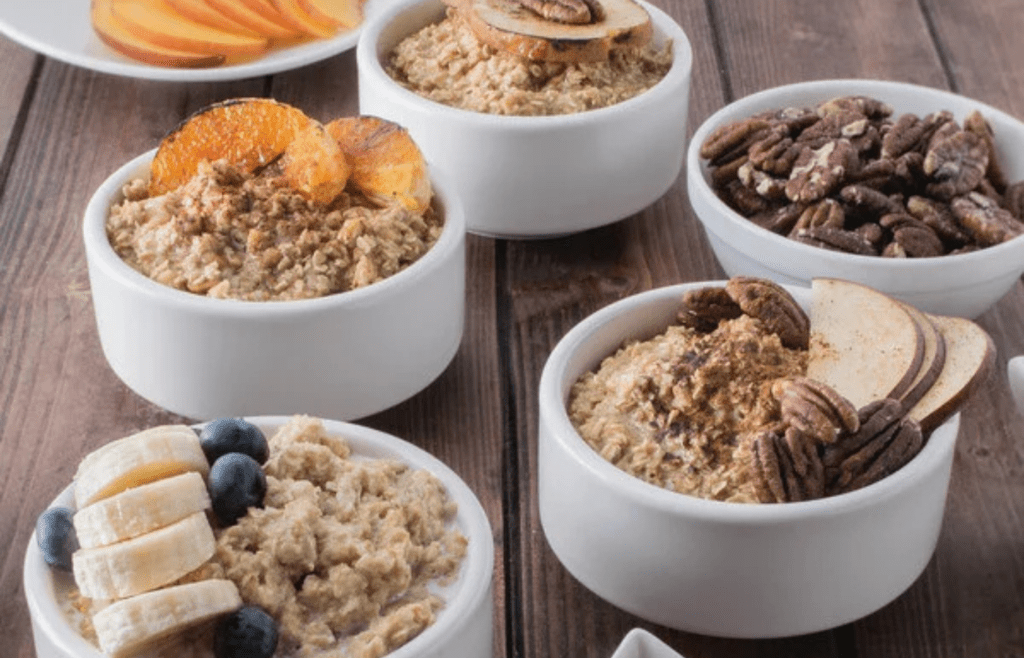 Box of flavored oatmeal packets on a breakfast table