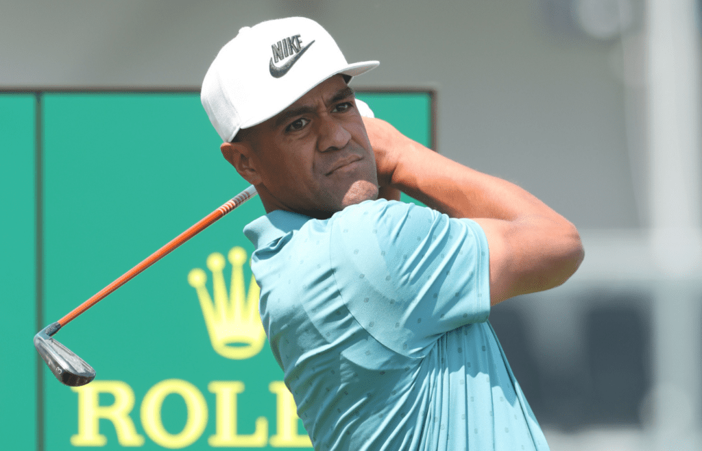 Jun 11, 2025; Oakmont, Pennsylvania, USA; Tony Finau tees off on the tenth hole during a practice round for the U.S. Open golf tournament at Oakmont Country Club. Mandatory Credit: Charles LeClaire-Imagn Images