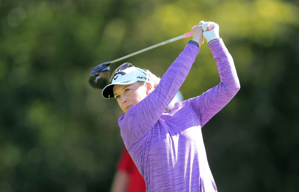 Dec 10, 2020; Houston, Texas, USA; Morgan Pressel takes a tee shot off the 2nd tee box during the first round of the U.S. Women's Open golf tournament at Champions Golf Club. Mandatory Credit: Erik Williams-Imagn Images