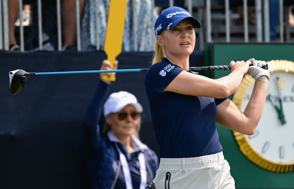 Jun 1, 2025; Erin, Wisconsin, USA; Charley Hull tees off during the final round of the U.S. Women's Open golf tournament. Mandatory Credit: Benny Sieu-Imagn Images