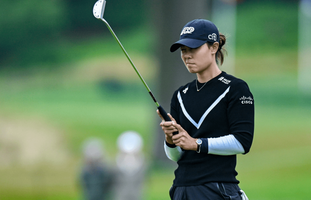 Jun 23, 2023; Springfield, New Jersey, USA; Danielle Kang lines up a shot from the bunker on the 18th hole during the second round of the KPMG Women's PGA Championship golf tournament. Mandatory Credit: John Jones-Imagn Images