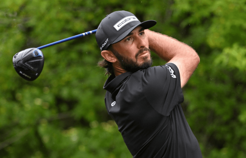 Jun 5, 2025; Caledon, Ontario, CAN; Max Homa plays a shot during the first round of the RBC Canadian Open golf tournament. Mandatory Credit: Dan Hamilton-Imagn Images
