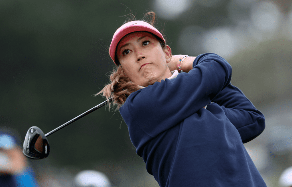 Jul 7, 2023; Pebble Beach, California, USA; Michelle Wie West tees off on the tenth hole during the second round of the U.S. Women's Open golf tournament at Pebble Beach Golf Link. Mandatory Credit: Kiyoshi Mio-Imagn Images
