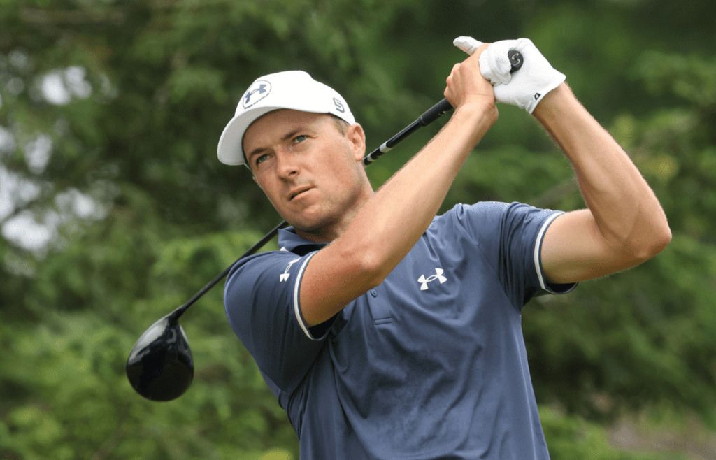 Jun 15, 2025; Oakmont, Pennsylvania, USA; Jordan Spieth plays his shot from the first tee during the final round of the U.S. Open golf tournament. Mandatory Credit: Charles LeClaire-Imagn Images