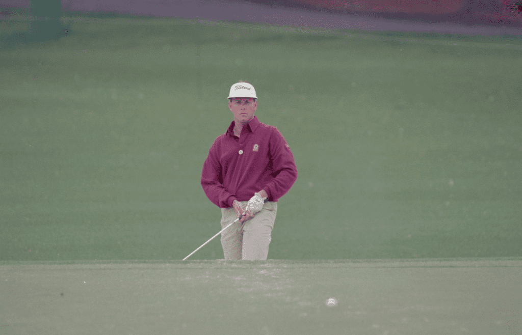 04/05/1989; Augusta, Georgia USA; Payne Stewart watches the ball roll on the green at the Augusta National Golf Course during the 1989 Masters. Mandatory Credit: File Photo -The Augusta Chronicle via USA TODAY NETWORK
