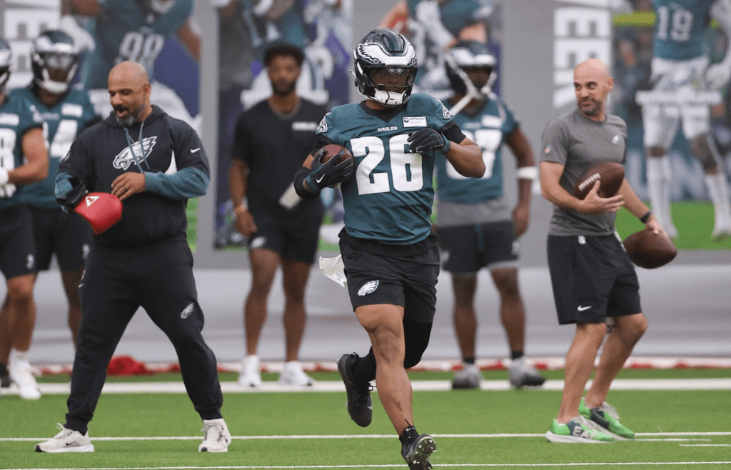 May 28, 2025; Philadelphia, PA, USA; Philadelphia Eagles running back Saquon Barkley (26) during OTAs at NovaCare Complex. Mandatory Credit: Bill Streicher-Imagn Images