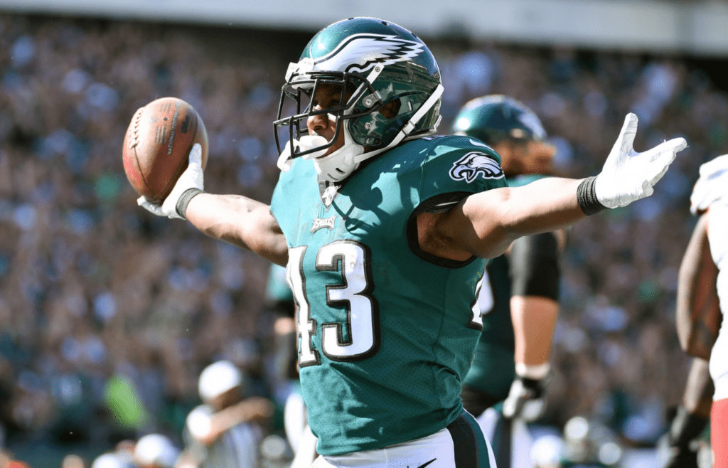 Sep 8, 2019; Philadelphia, PA, USA; Philadelphia Eagles running back Darren Sproles (43) celebrates after scoring a 2-point conversion against the Washington Redskins during the fourth quarter at Lincoln Financial Field. Mandatory Credit: Eric Hartline-Imagn Images
