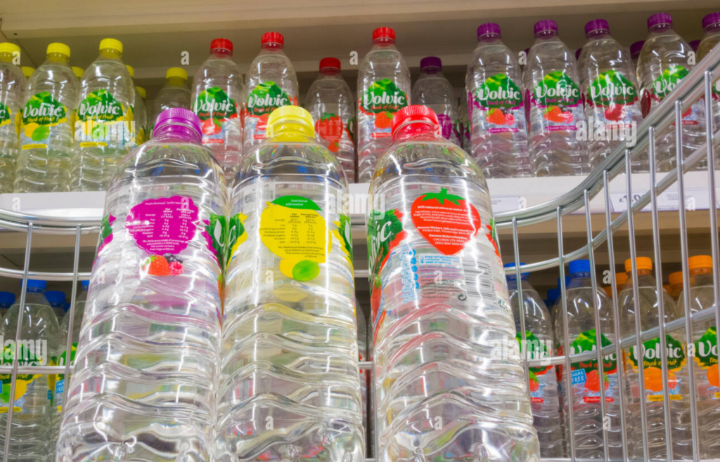 Bottled fruit-flavored water on a shelf