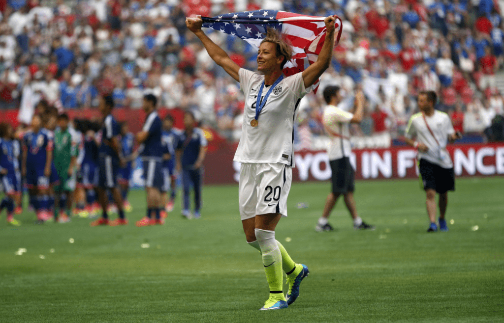 Jul 5, 2015; Vancouver, British Columbia, CAN; United States forward Abby Wambach (20) celebrates after defeating Japan in the final of the FIFA 2015 Women's World Cup at BC Place Stadium. United States won 5-2. Mandatory Credit: Michael Chow-Imagn Images