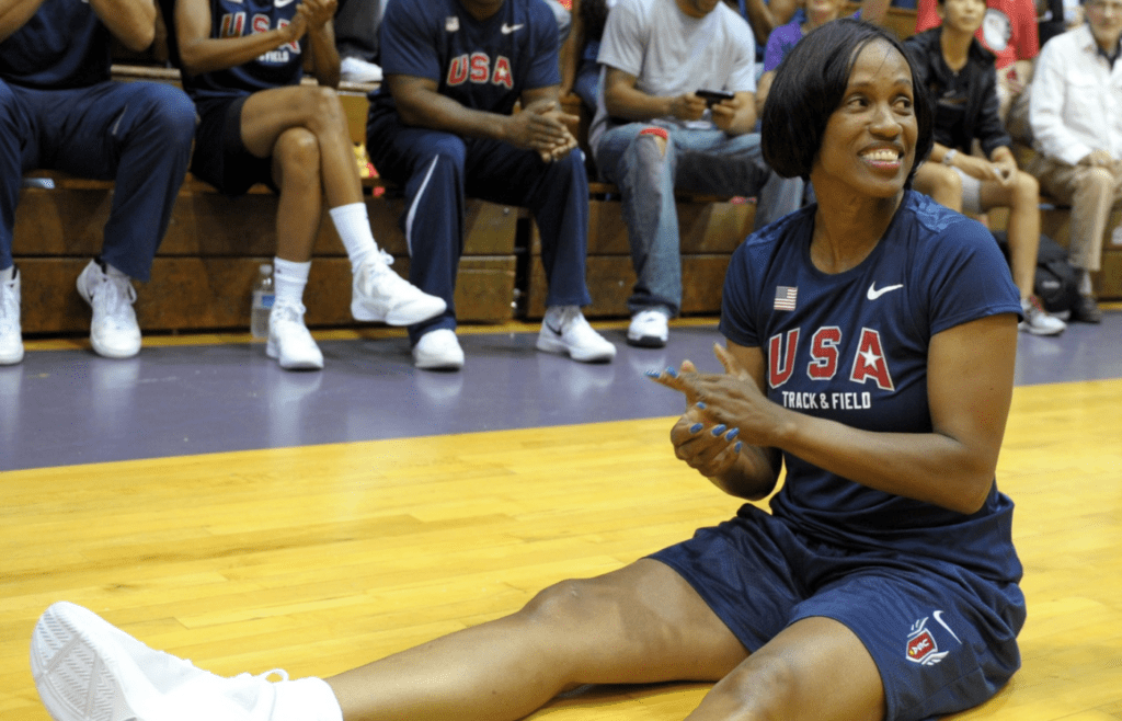 Jun 27, 2012; Eugene, OR, USA; Jackie Joyner-Kersee stretches before the USA Track & Field Legends basketball game at South Eugene High. Mandatory Credit: Kirby Lee/Image of Sport-Imagn Images